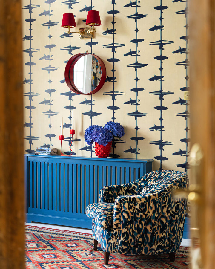 HI HATS Indigo Wallpaper (WP30235) by Mind The Gap | WP30235 | JAZZ LIVE | 1 roll x 52 x 1000 cm / 20.5 x 393.7in | 0.52m / 20.5in | 1000 cm / 393.7in | 5.20sqm / 55.9sq ft | 50cm / 19.6in | Beige, Indigo | Non-woven Satin | Paste the wall | 1 roll in a box | Fabric Carolina | https://www.fabriccarolina.com/