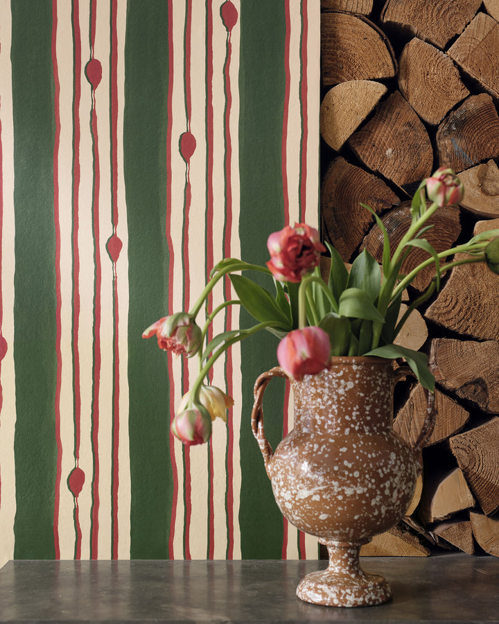 MINUANO Green Wallpaper (WP30237) by Mind The Gap | WP30237 | JAZZ LIVE | 1 roll x 52 x 1000 cm / 20.5 x 393.7in | 0.52m / 20.5in | 1000 cm / 393.7in | 5.20sqm / 55.9sq ft | 100cm / 39.3in | Green, Beige, Red | Non-woven Satin | Paste the wall | 1 roll in a box | Fabric Carolina | https://www.fabriccarolina.com/